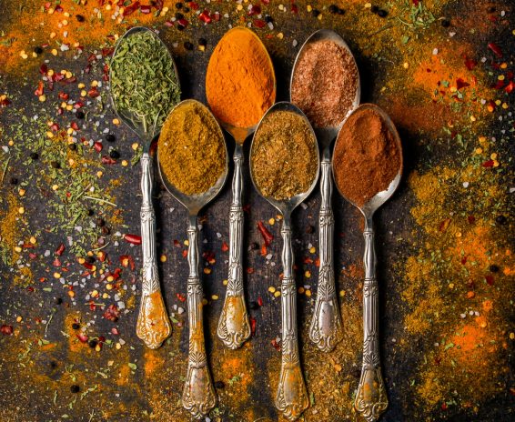 top-view-spice-with-pepper-cinnamon-turmeric-spoon top-view-spice-with-pepper-cinnamon-turmeric-spoon